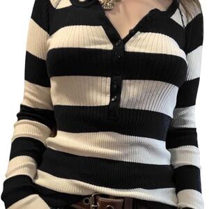 Black and White Striped Ribbed Sweater